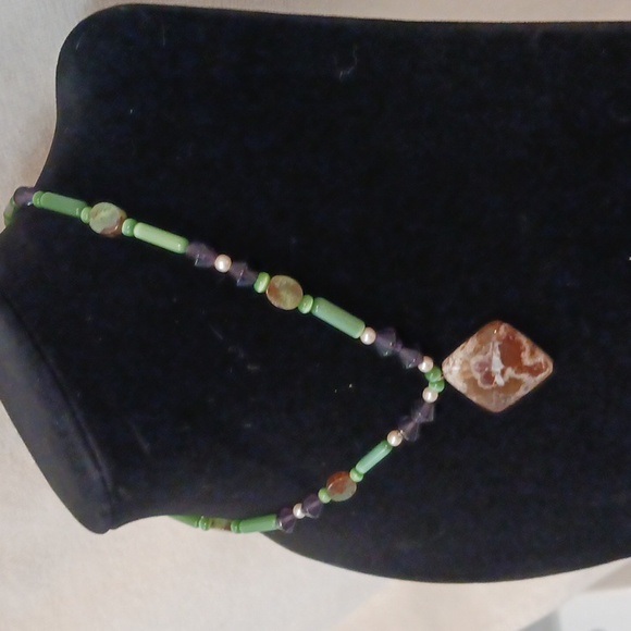 Vintage GEMSTONES 10"Necklace Jade Garnet Pearls Agate Gemstones Southwest Boho - Picture 7 of 9